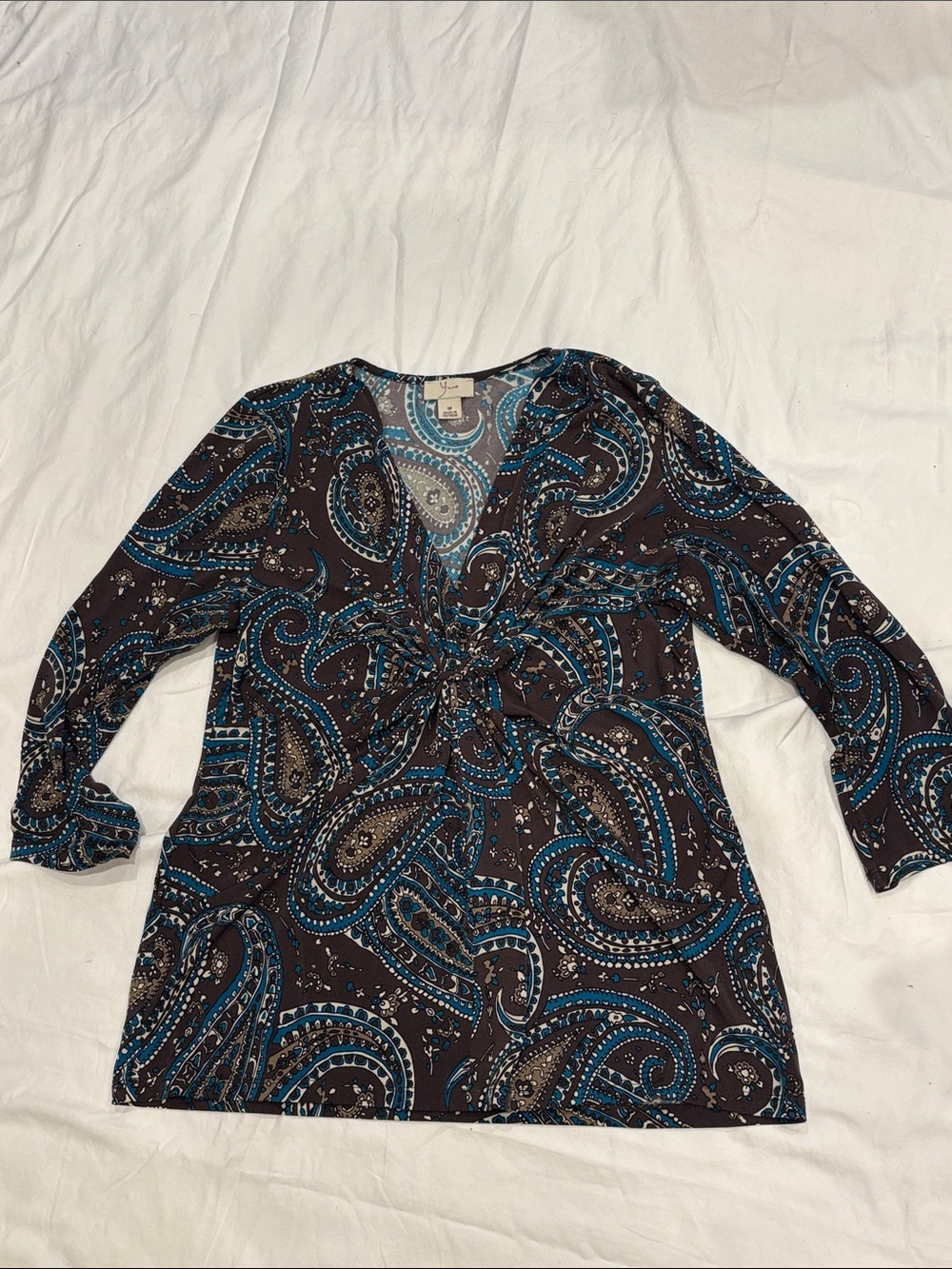 Yvos Twist-Front Paisley Long Sleeve Top - Teal & Brown
